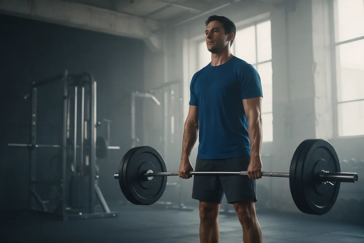An athlete standing with a barbell in a gym