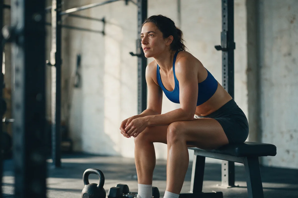 An athlete resting on a bench between sets
