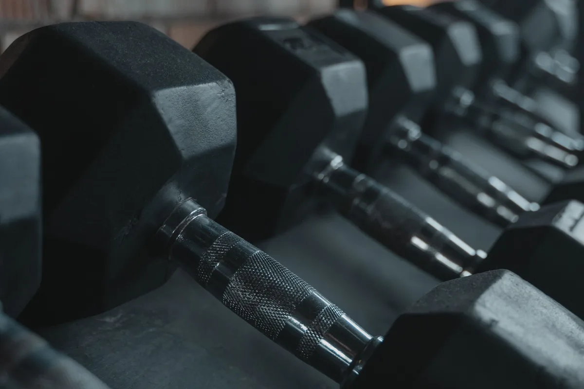 Rows of steel dumbbells in a gym